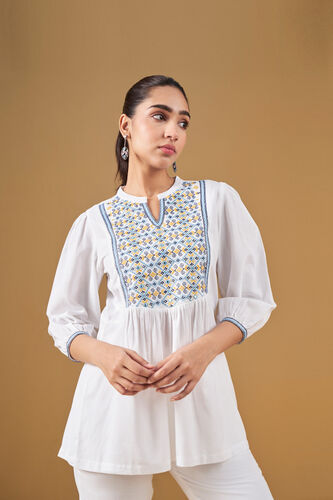 Geometric Embroidery Casual Top, White, image 1